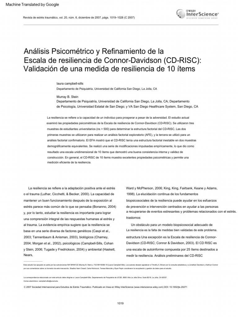Campbell-Sills Stein 2007 | PDF | Validez (Estadísticas ...
