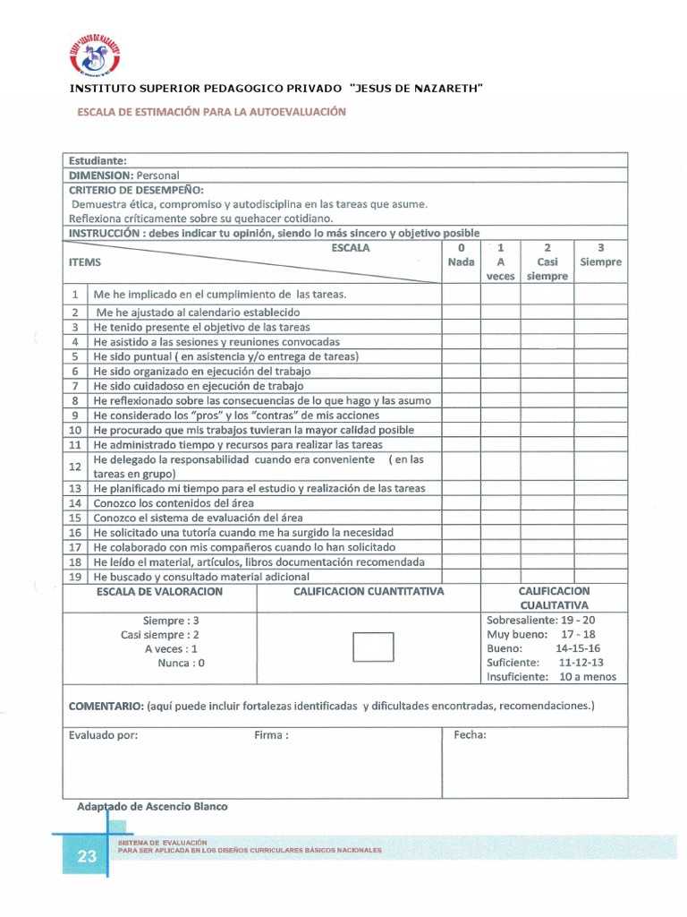 ESCALA DE ESTIMACION PARA LA AUTOEVALUACION Sin Resolver | PDF