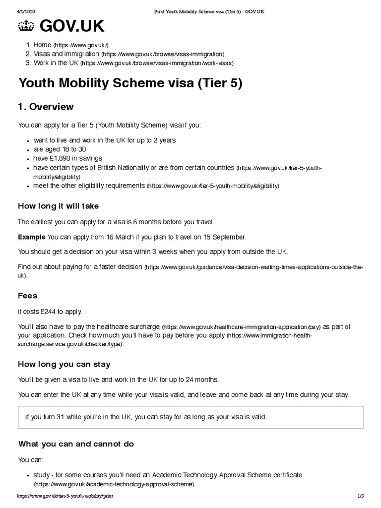 Youth Mobility Scheme Visa Tier 5 GOV UK PDF