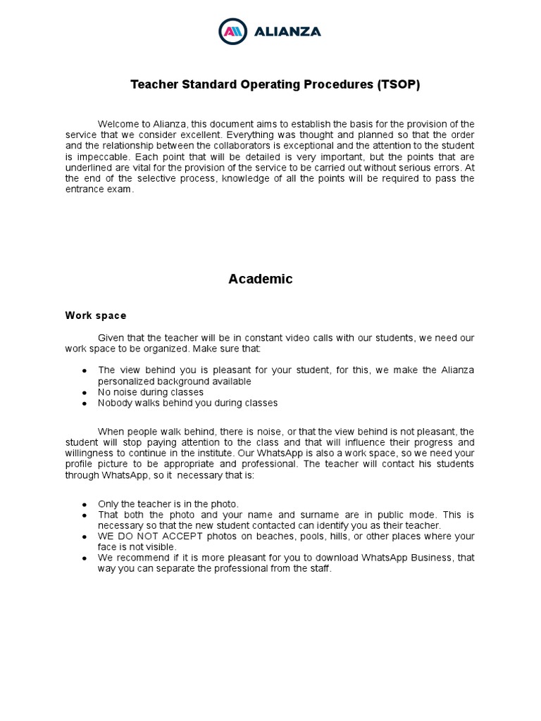 Teacher SOP for Alianza English Classes | PDF | Teachers