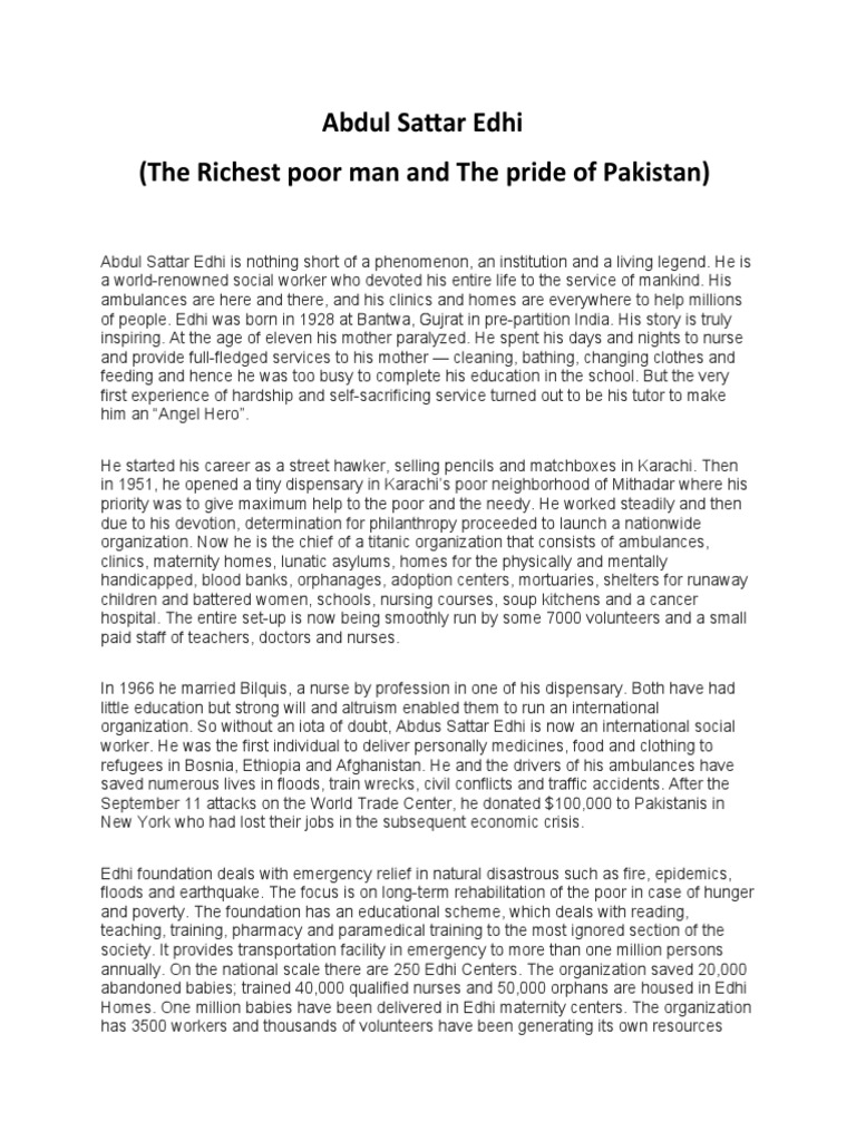 Edhi: Pakistan's Humanitarian Hero | PDF
