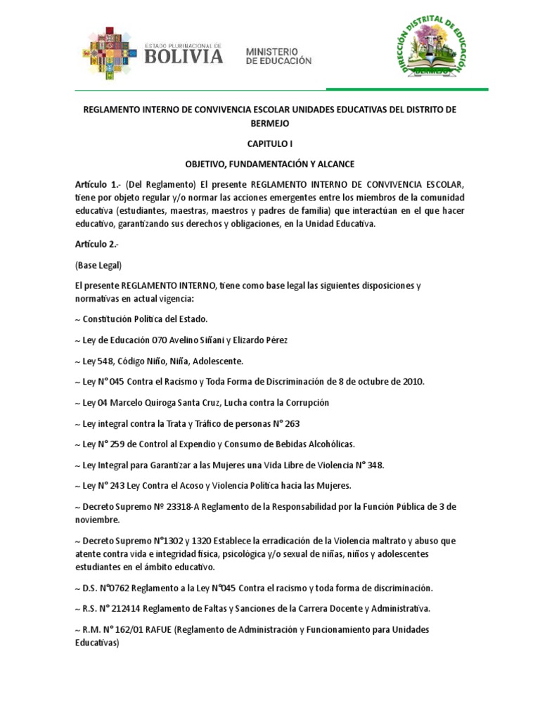 Reglamento Interno de Convivencia Escolar Unidades Educativas Del ...