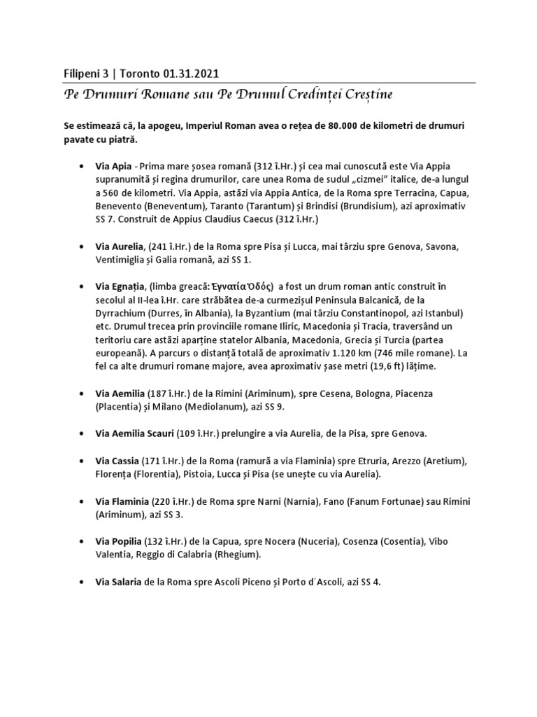 Pe Drumuri Romane Sau Pe Drumul Vieții Credinței Creștine Filipeni 3 PDF