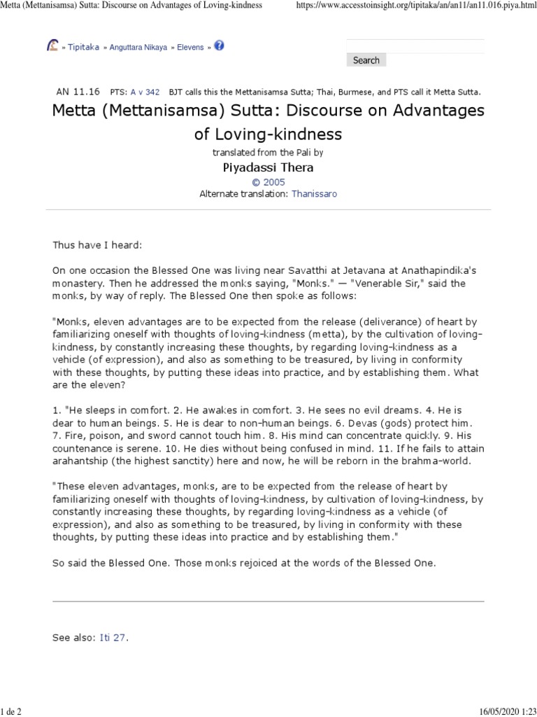 Metta Mettanisamsa Sutta Discourse On Advantages Of Loving Kindness