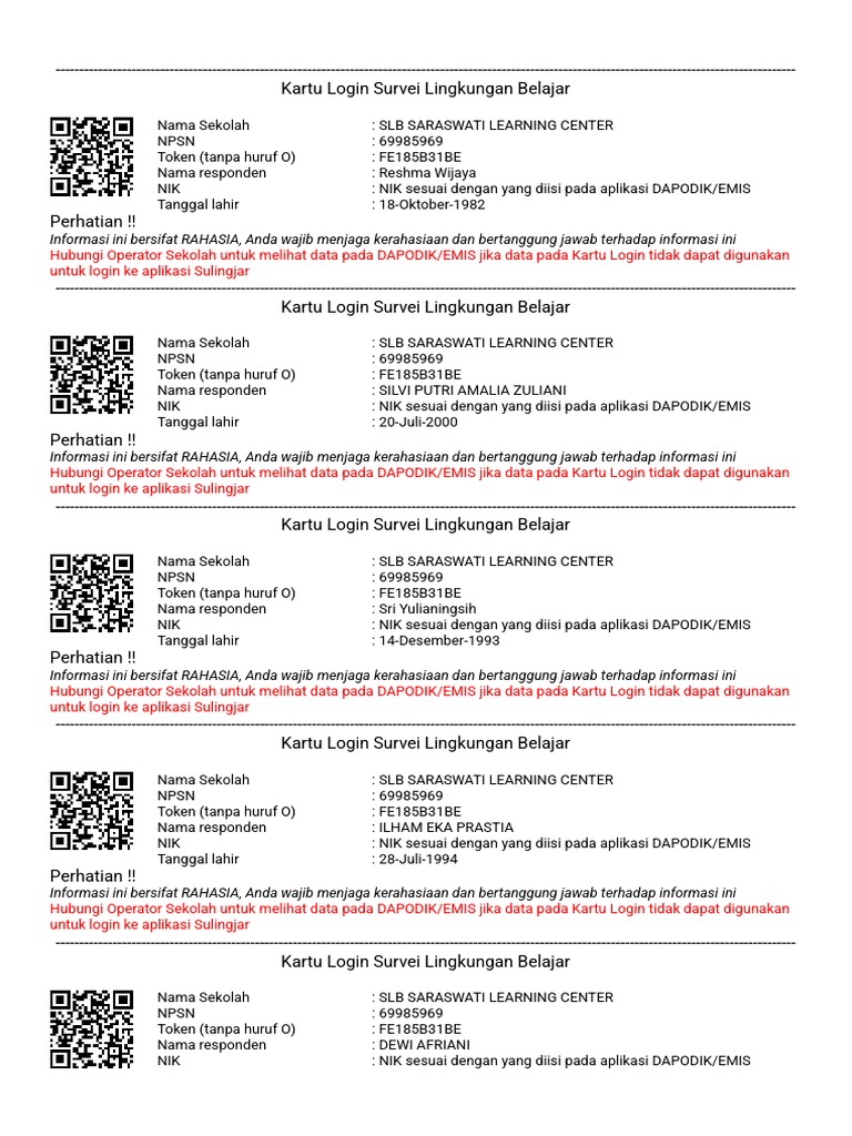 Kartu Login SLB Saraswati Learning Center | PDF