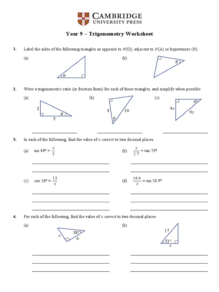 Year 9 Trigonometry Revision Worksheet PDF
