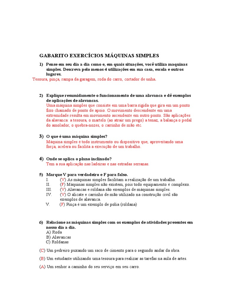 Exercícios Máquinas Simples Gabarito Pdf