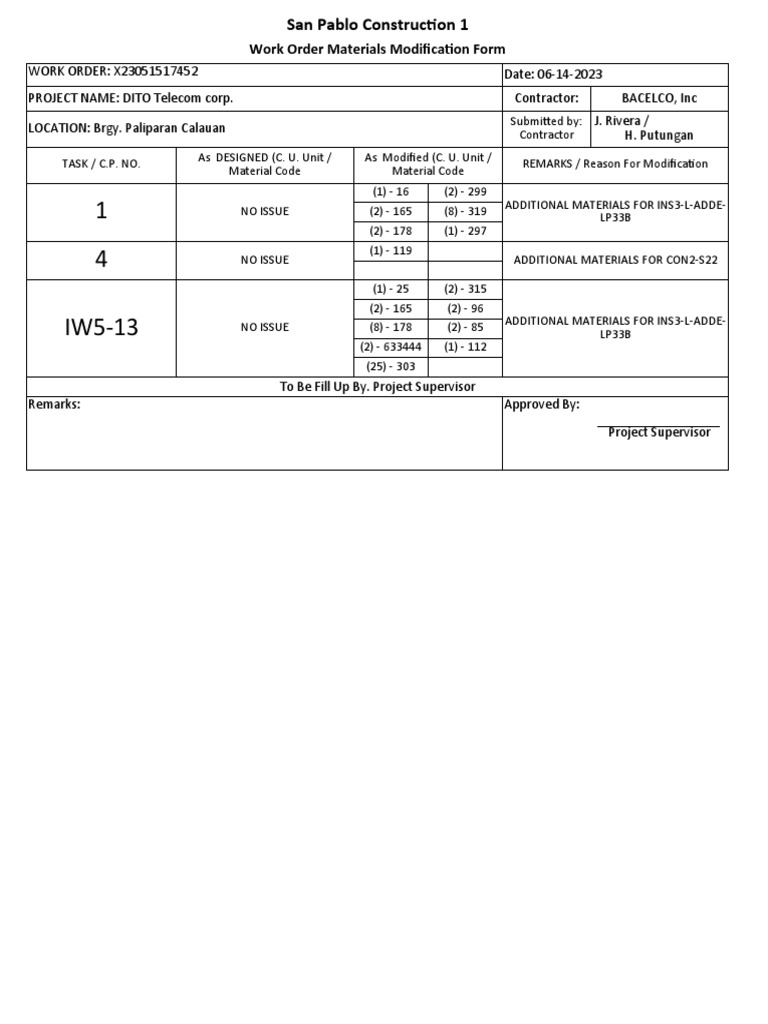 Work Order Materials Modification Form PDF