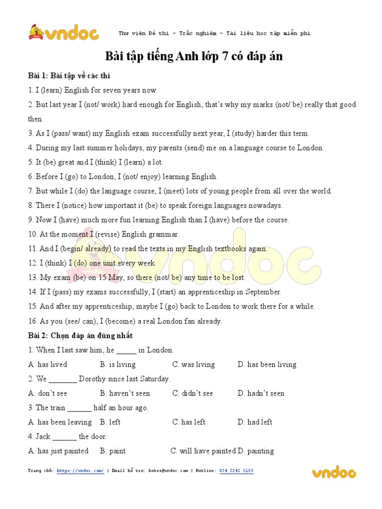 Bai Tap Tieng Anh Lop 7 Co Dap An | PDF