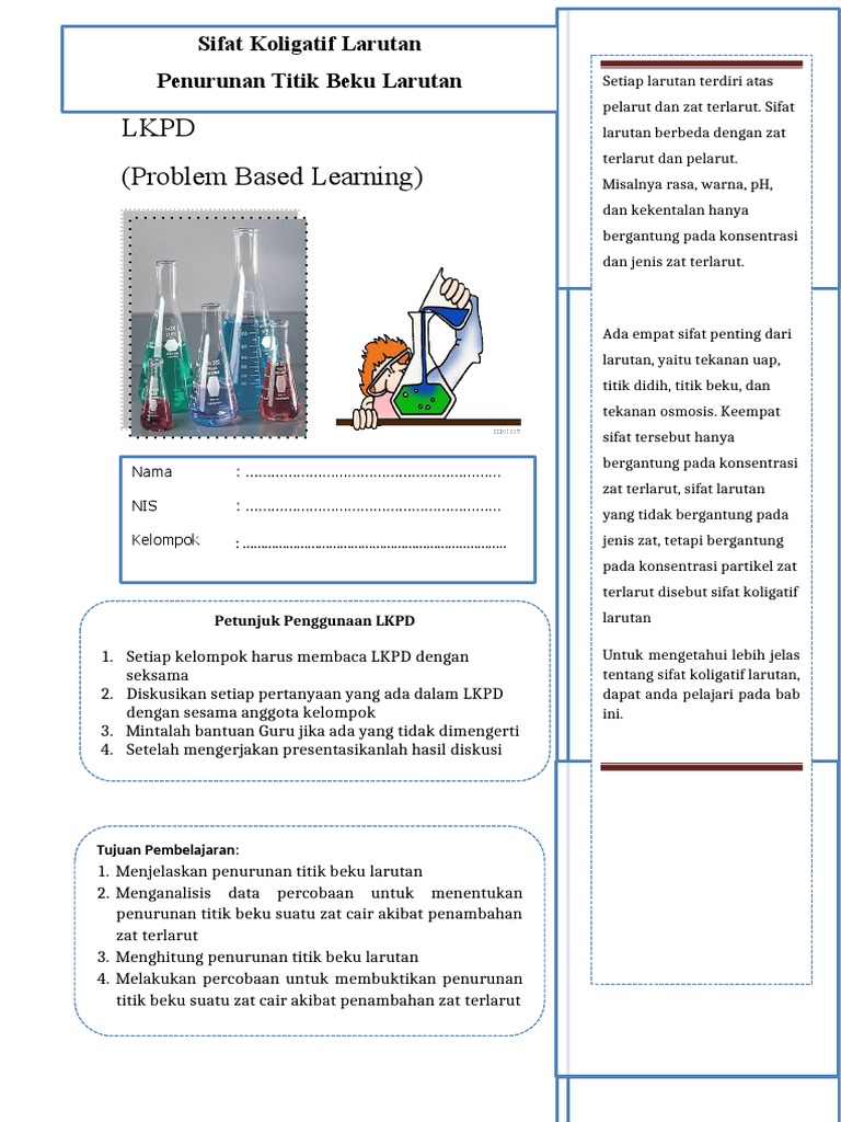 LKPD Problem Based Learning Sifat Koligatif Larutan Penurunan Titik ...