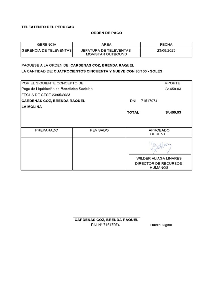 Teleatento Del Peru Sac Orden De Pago PDF