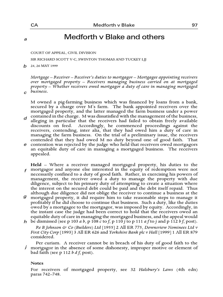 Medforth v Blake: Receiver's Duty of Care | PDF