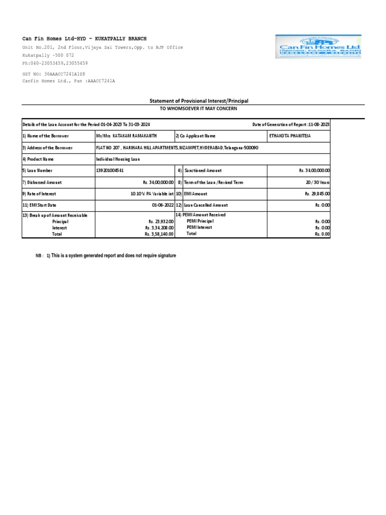 Can Fin Homes Loan Statement 2023 | PDF