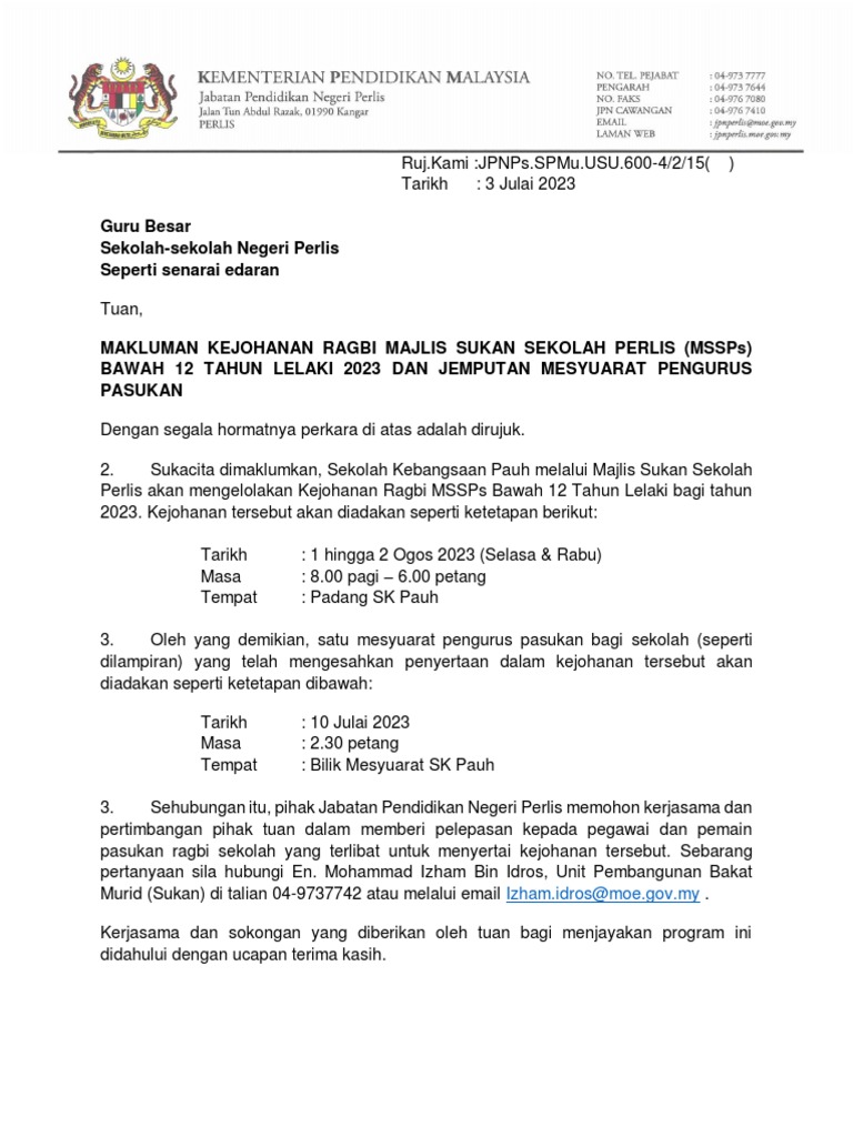 Surat Makluman Kejohanan Ragbi Mssps b12 2023 - 230703 - 154046 | PDF