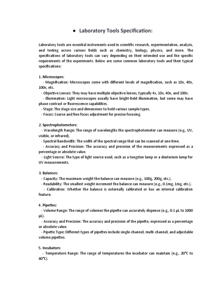 Laboratory Tools Specification Presentation Data. PDF Spectrophotometry Titration