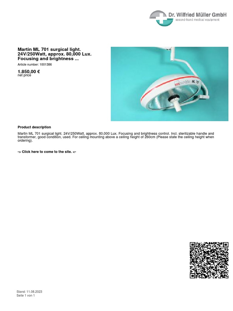 Martin ML 701 Surgical Light 24v250watt Approx 80000 Lux - Focusing and ...