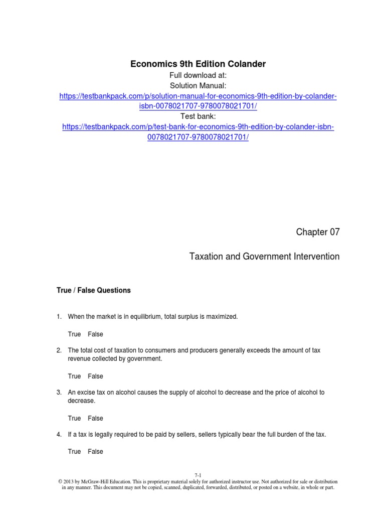 Economics 9th Edition Colander Test Bank 1 PDF Economic Surplus