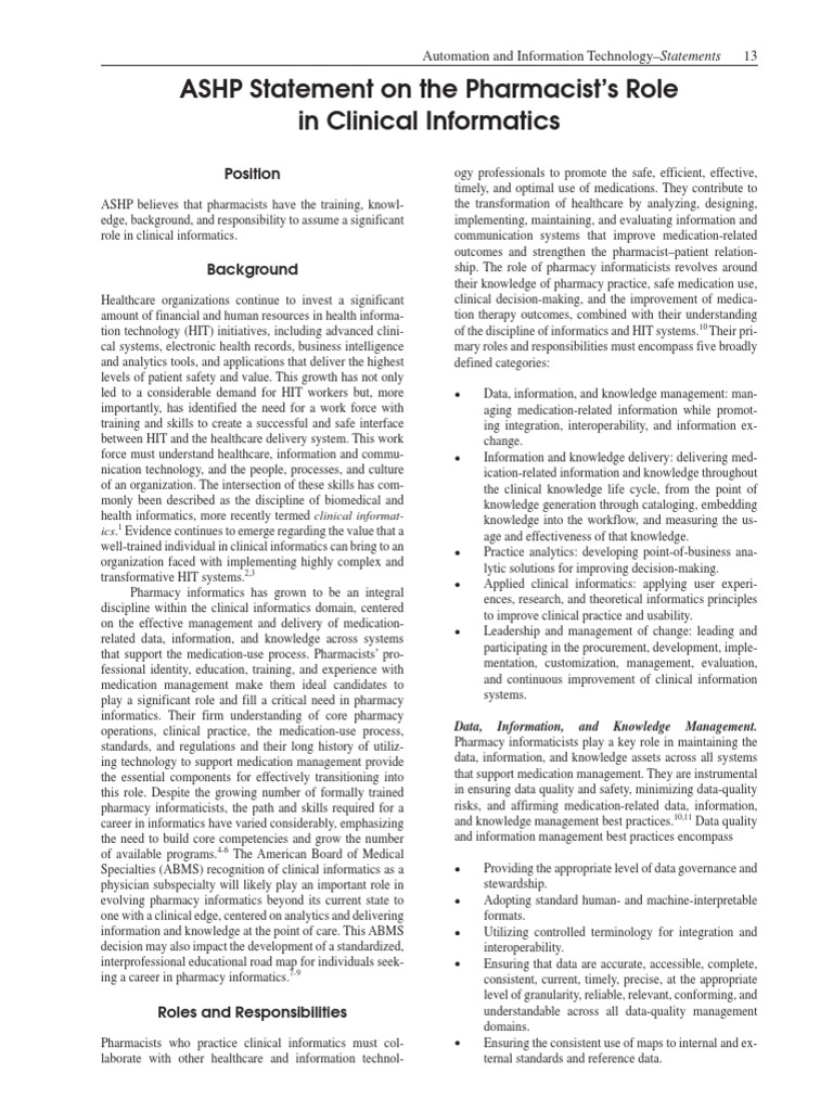 Pharmacists Role Clinical Informatics | PDF | Health Informatics | Pharmacy