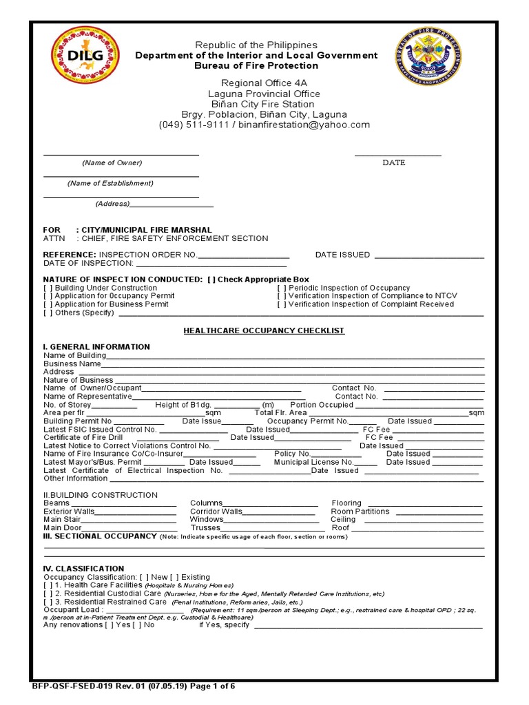 18 FSED 019 Checklist Health Care Occupancy Rev01 070519 | PDF