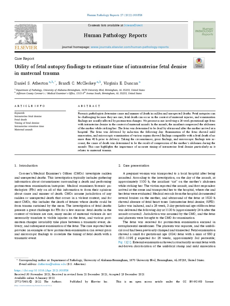 Utility of Fetal Autopsy To Estimate Time of IUFD in Maternal Trauma