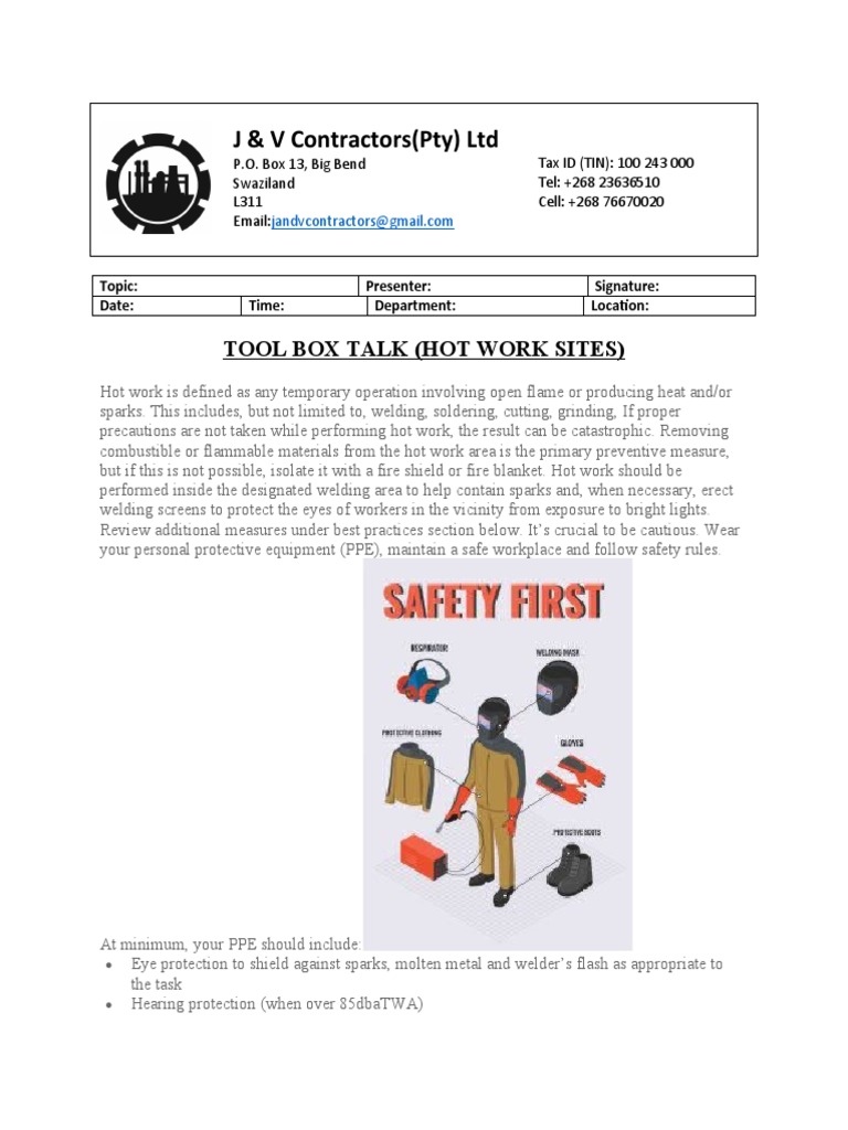Hot Work Procedures and Tool Box Talk PDF Welding Construction