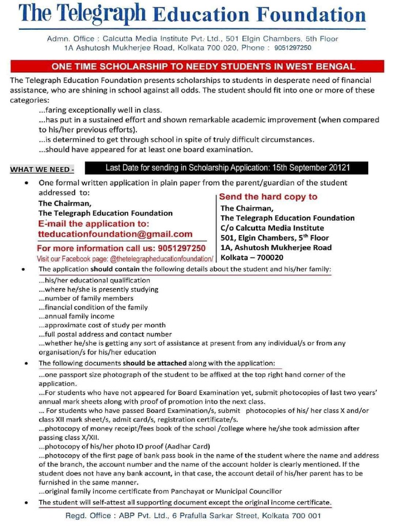 Telegraph Education Foundation Scholarship Pdf