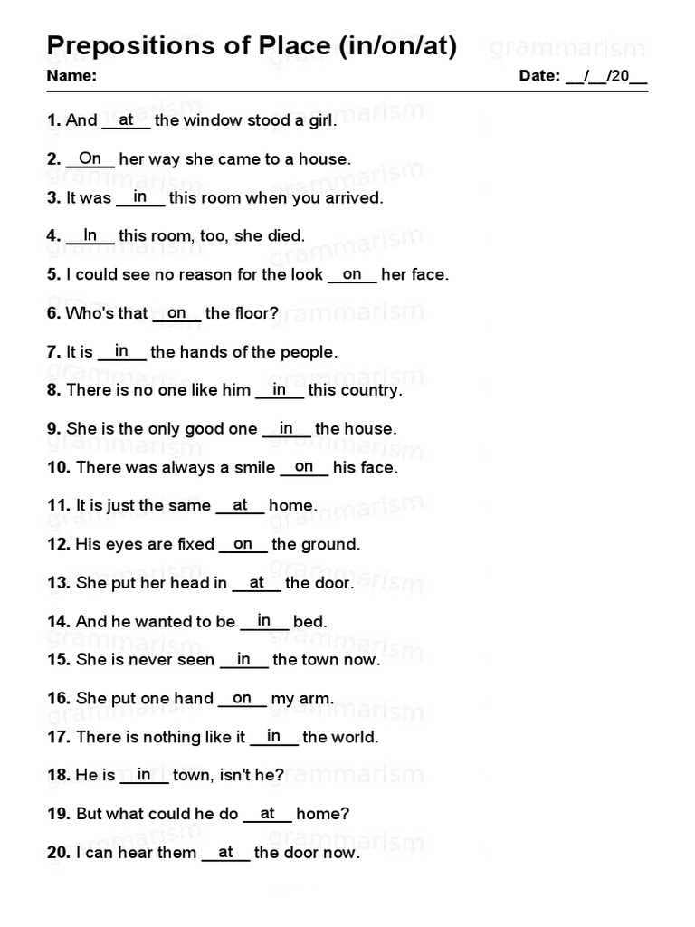 Grammarism Prepositions Of Place Test 1 Solved 19404190 Pdf