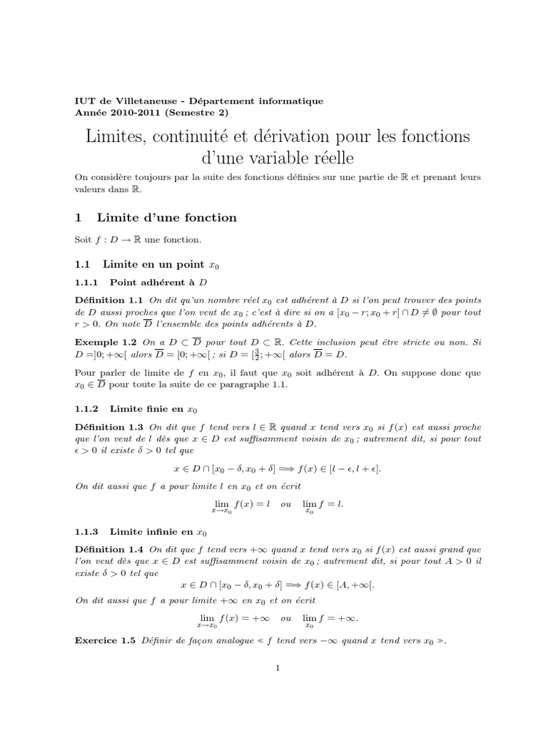 Limites continuit et d rivation pour les fonctions d une variable