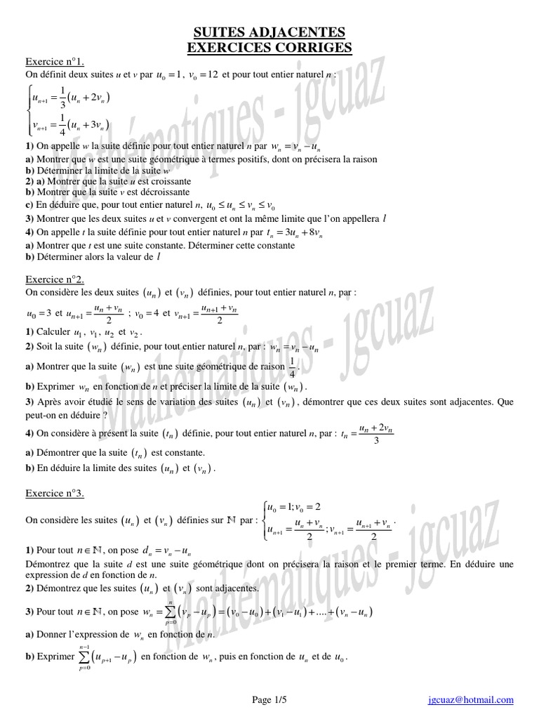 Exercices sur les suites adjacentes PDF Mathématiques Concepts — free download