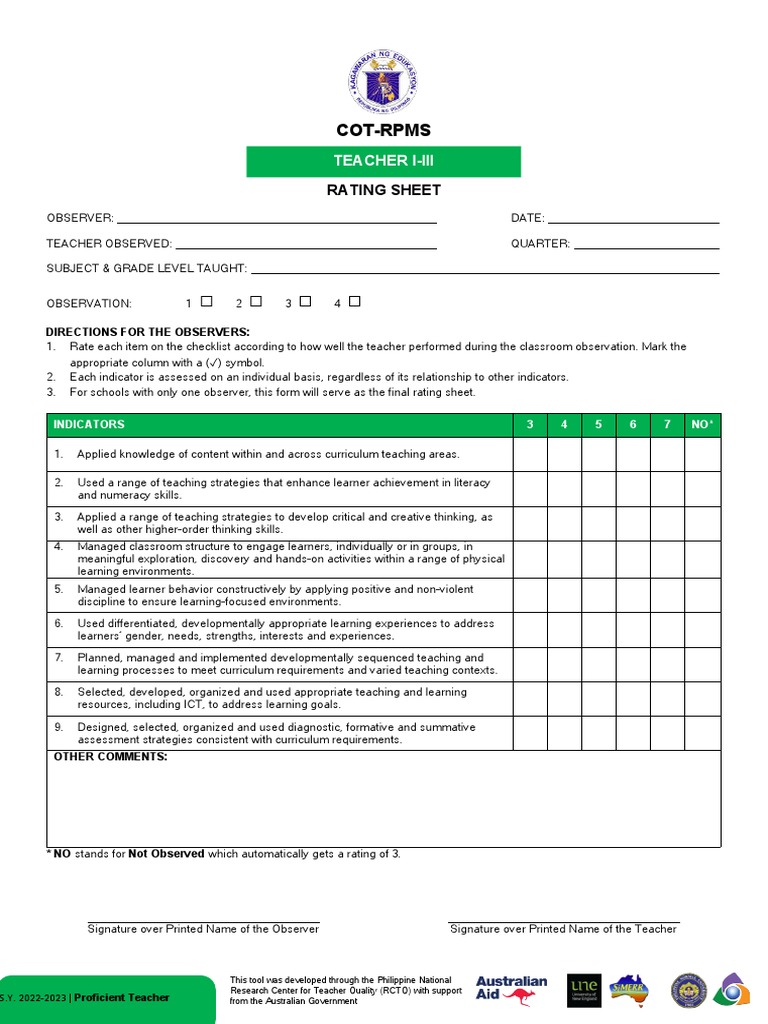 [Appendix C-02] COT-RPMS Rating Sheet for T I-III for SY 2022-2023 (1 ...