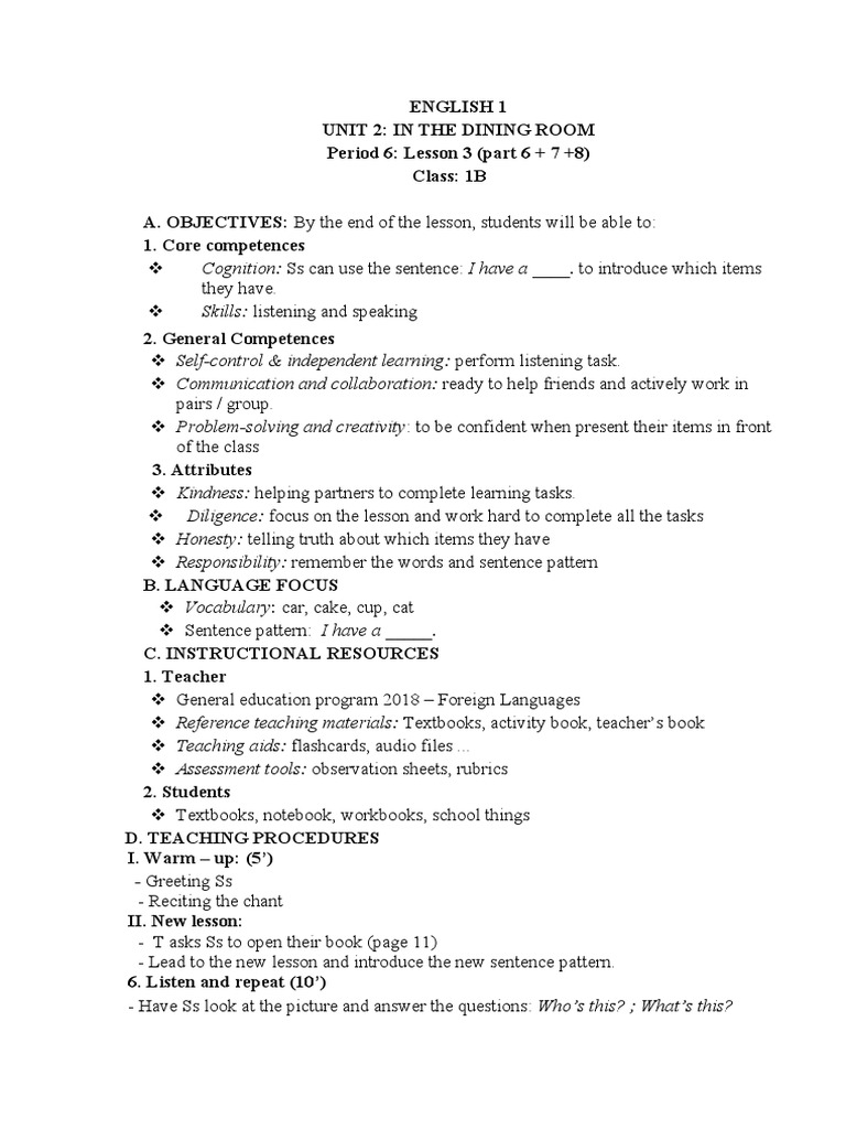 English Lesson: Dining Room Vocabulary | PDF