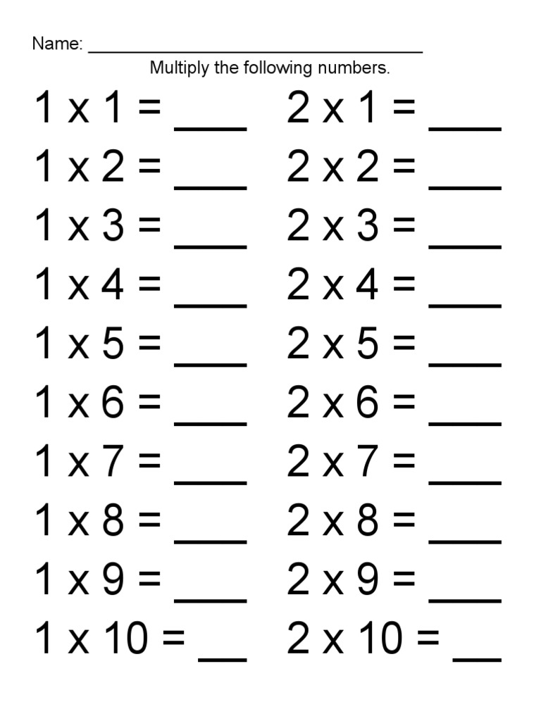 Multiplication Table 1 and 2 PDF Multiplication Table 1 and 2 PDF