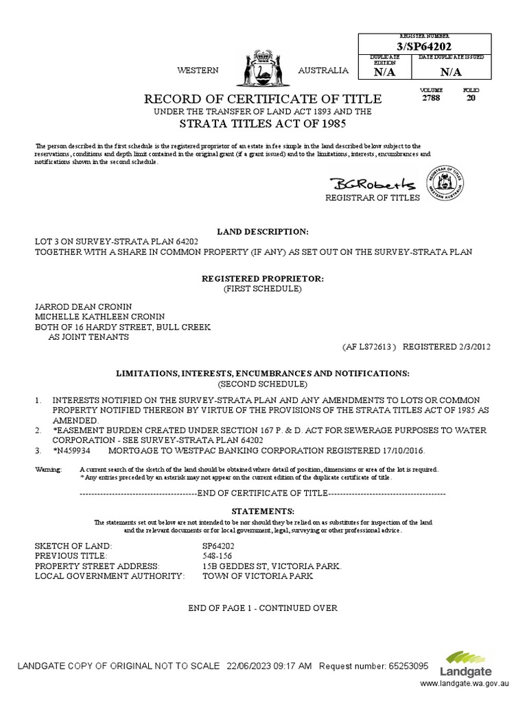 Record of Certificate of Title Strata Titles Act of 1985 PDF