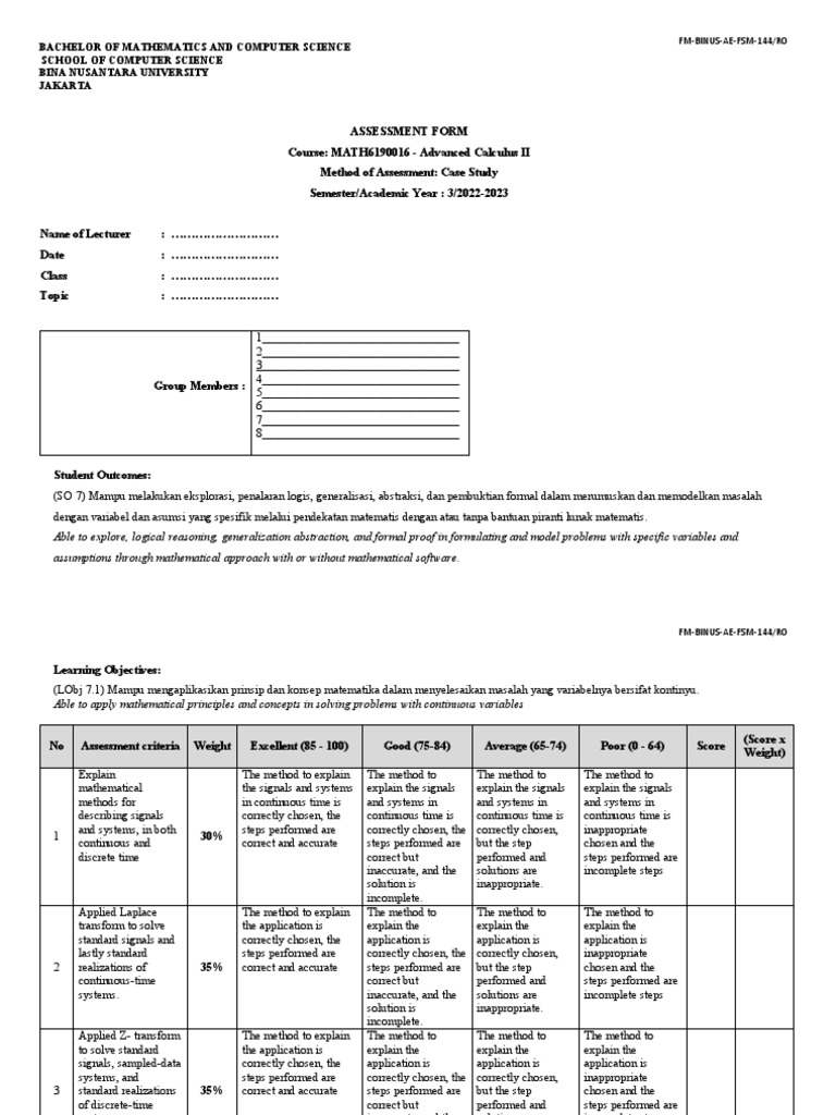 Advanced Calculus II Assessment Form | PDF