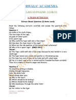 Cbse Class 10 A Tiger in The Zoo Worksheet