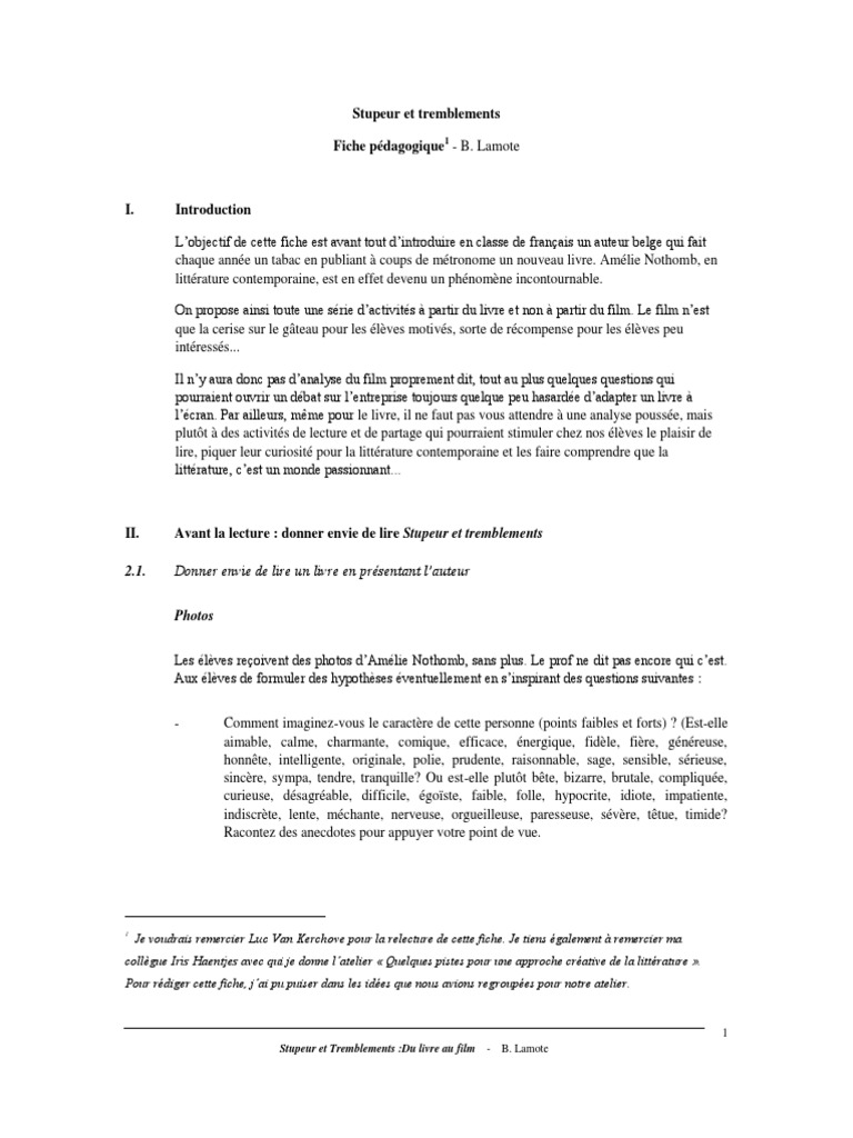 Stupeur Et Tremblements Résumé Fiche De Lecture