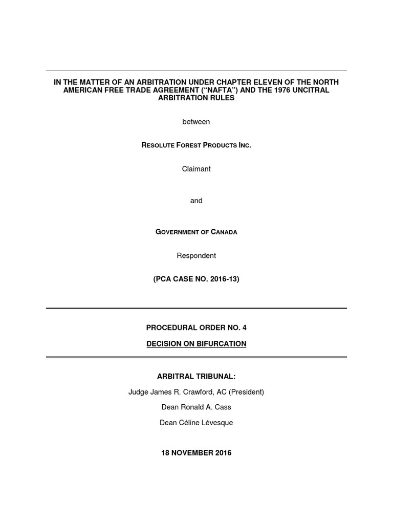 Resolute Forest Canada PDF Arbitration North American Free Trade