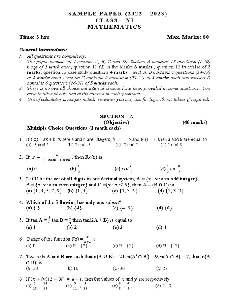 SAMPLE PAPER Class XI Half Yearly EXAM 202223 PDF