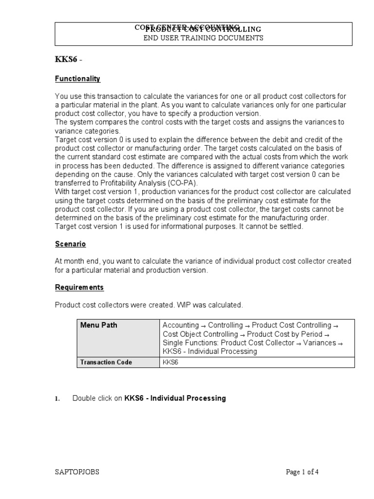 KKS6 Variance Calculation Product Cost Collector Descargar gratis PDF