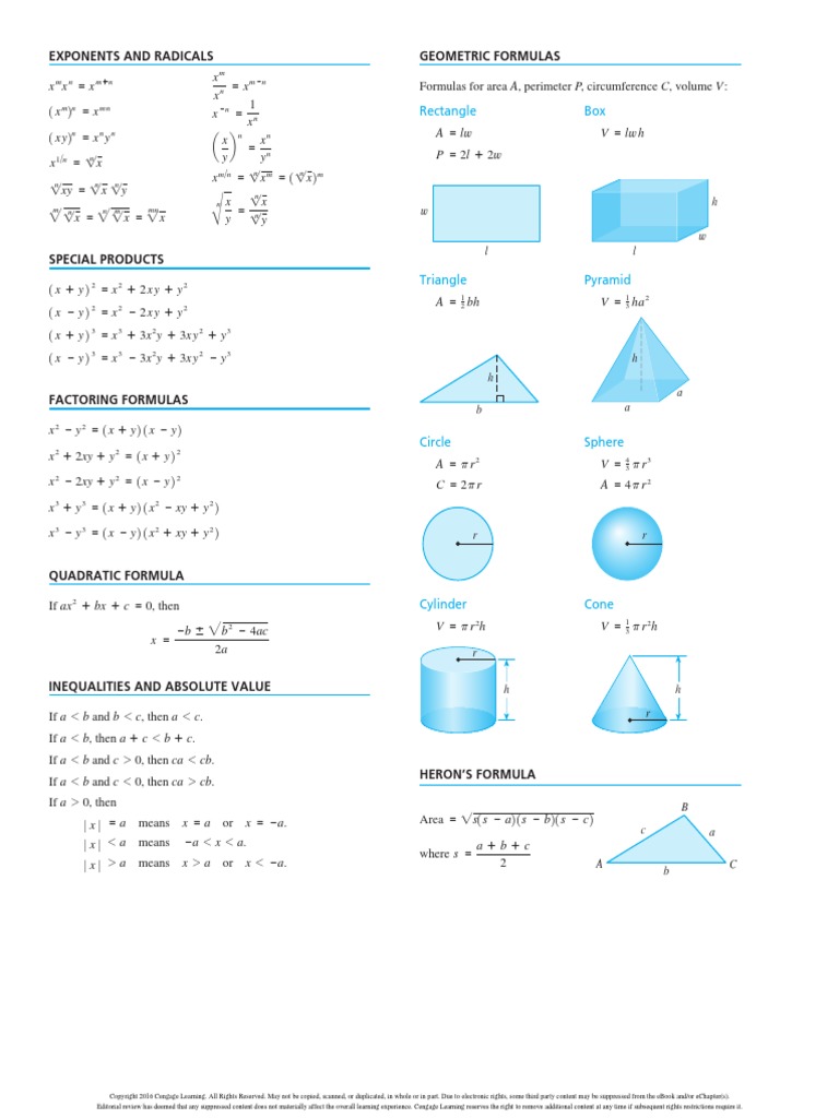Algebra and Functions - Formula Sheet | PDF