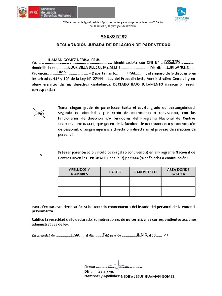 Declaración Jurada de Parentesco PRONACEJ | PDF