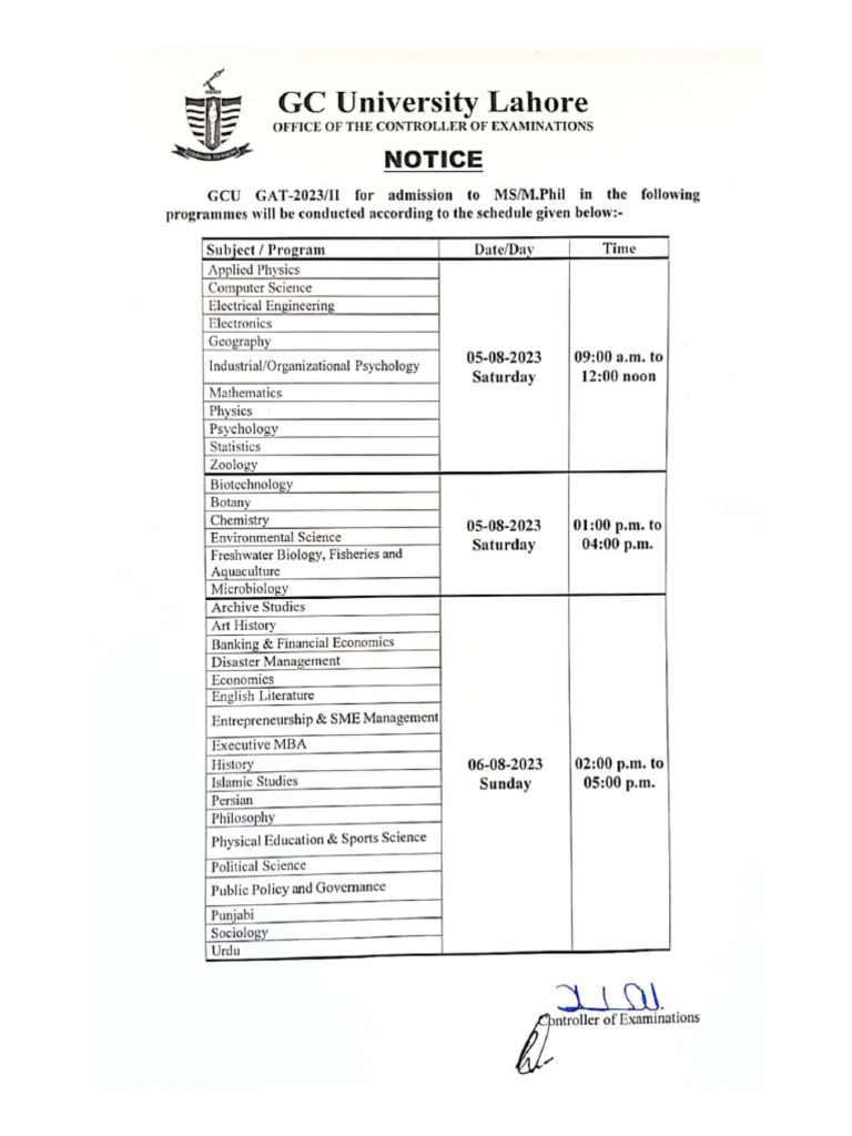 Schedule For GCU GAT 2023 II PDF
