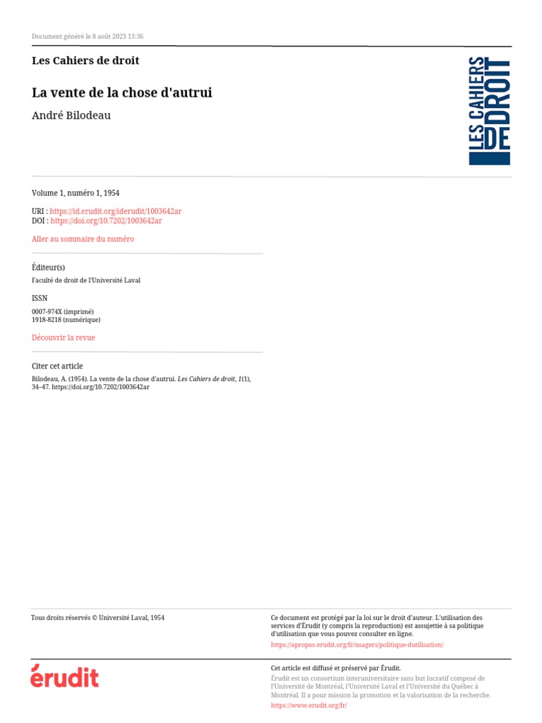La Vente de La Chose D'autrui PDF