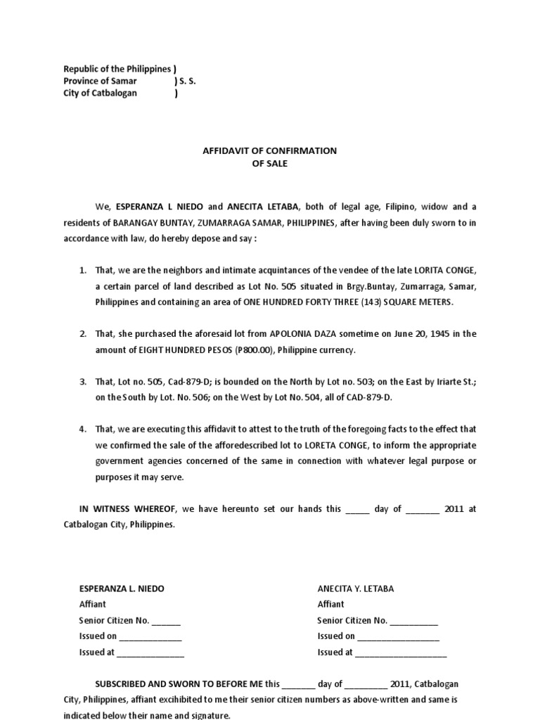 Affidavit of Land Sale Confirmation | PDF | Affidavit | Common Law