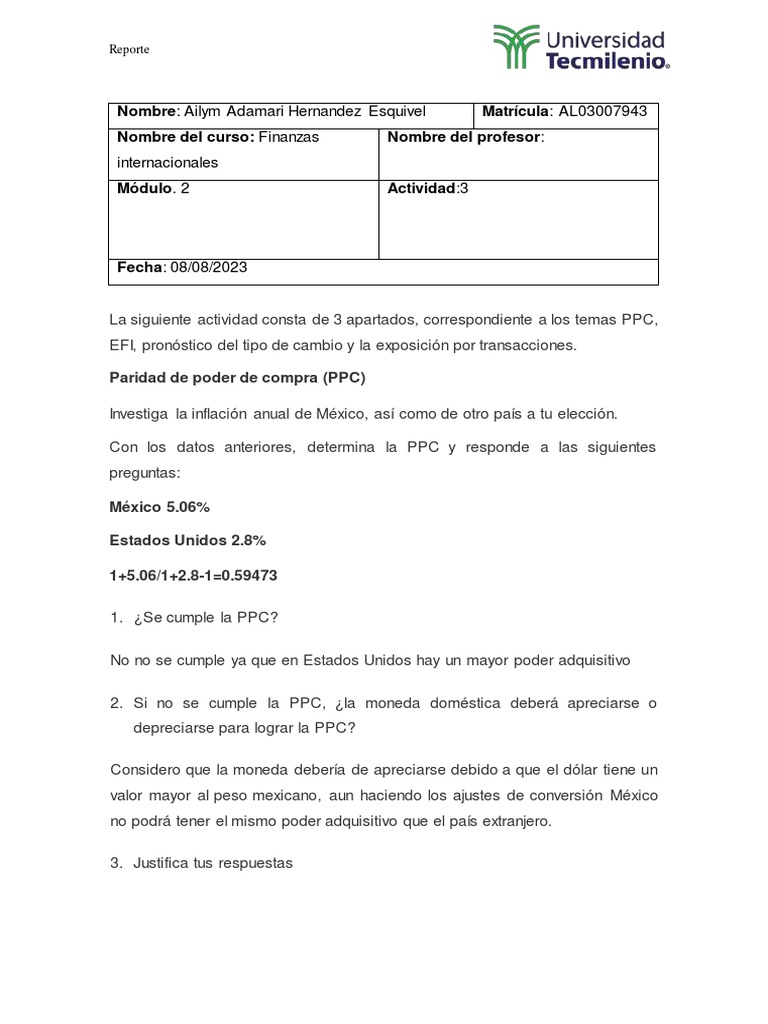 Actividad 3 Finanzas Internacionales | PDF | Tipo de cambio | Moneda