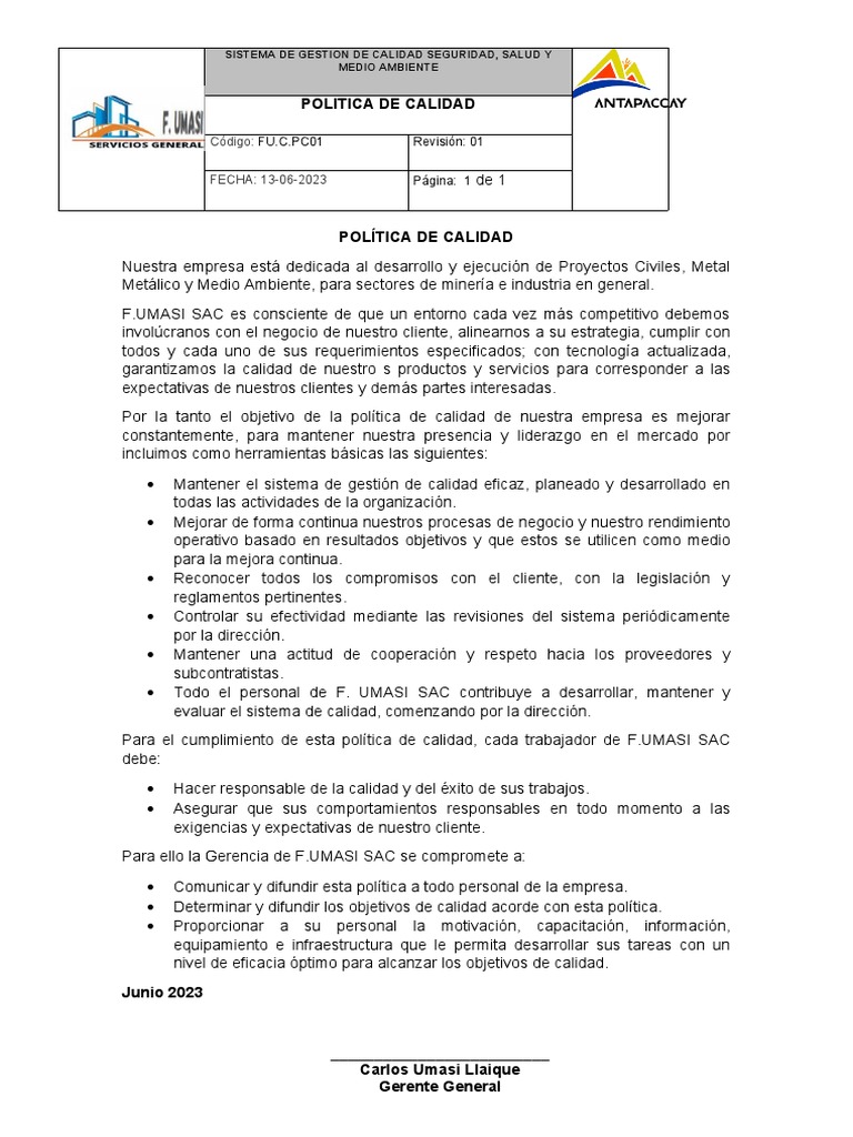Política de Calidad F.UMASI SAC | PDF | Calidad (comercial) | Sistema ...