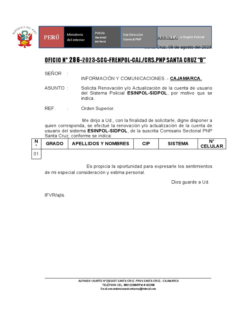 Oficio 286 2023 solicita renovacion sistemas cs pnp santa cruz pdf