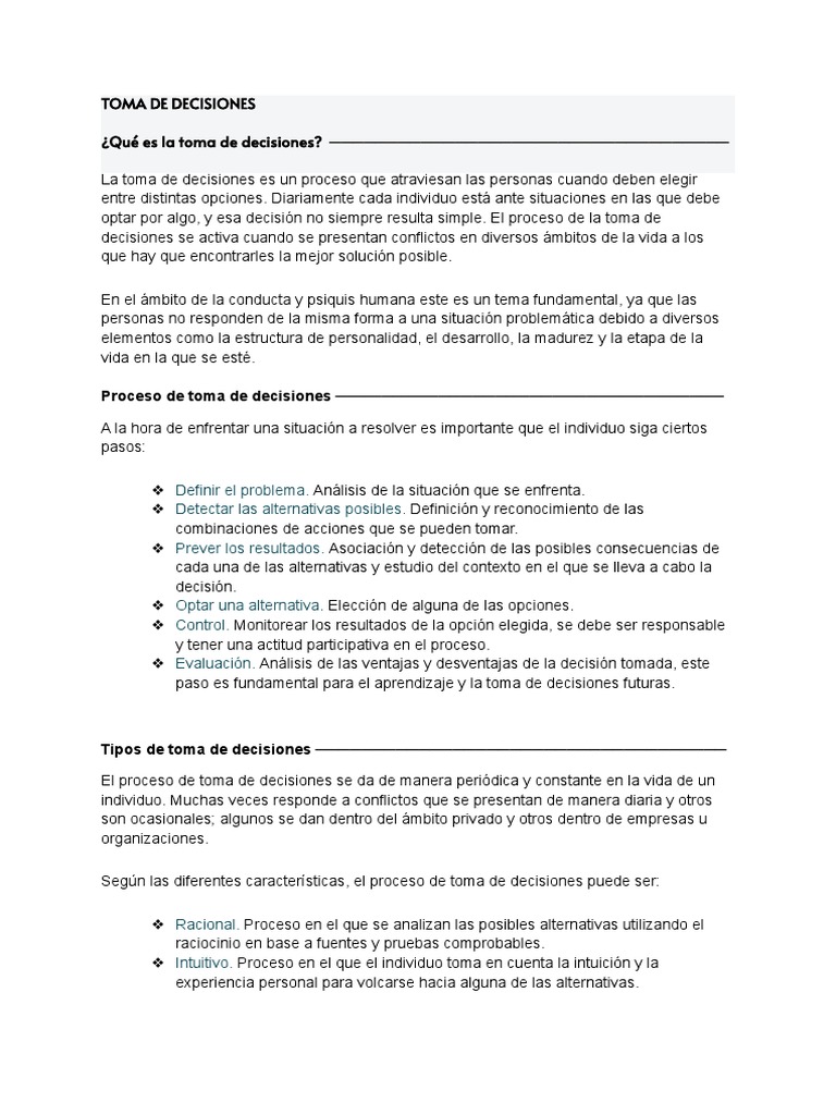 Toma de Decisiones | PDF | Toma de decisiones | Psicología cognitiva