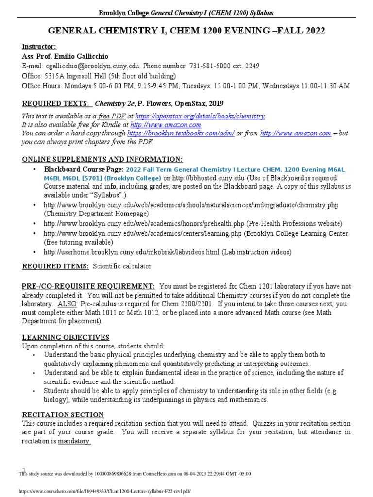 CHEM 1200 Syllabus - Fall 2022 | PDF | Chemist | Pharmacology