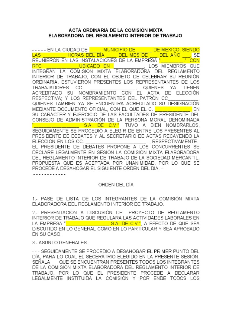 Acta de Comisión Mixta: Reglamento Interior | PDF | Negocios | Finanzas ...
